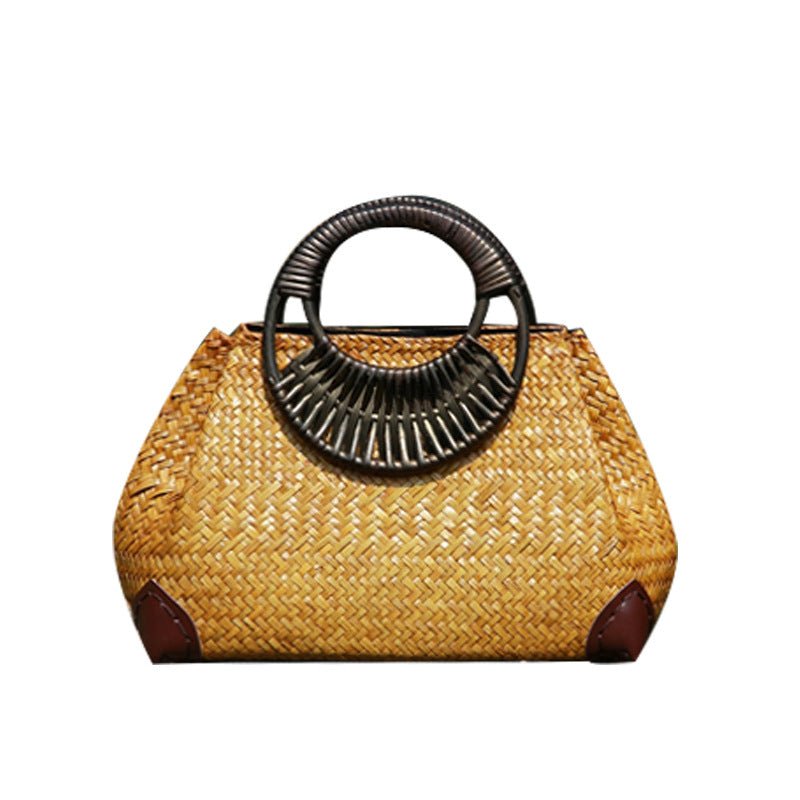 Sac de plage rétro tressé à la main - sac de voyage femme, poignée rigide motif. - IVOIRART.COM