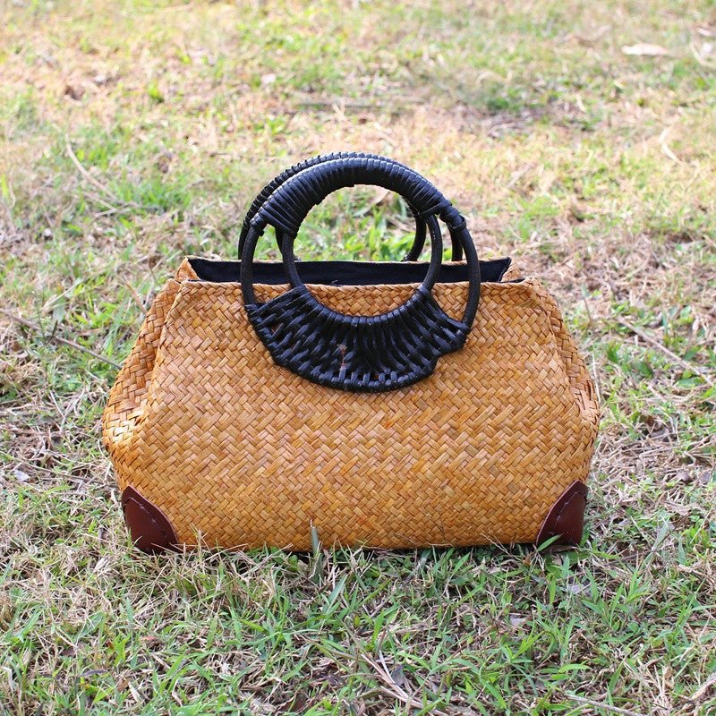 Sac de plage rétro tressé à la main - sac de voyage femme, poignée rigide motif. - IVOIRART.COM