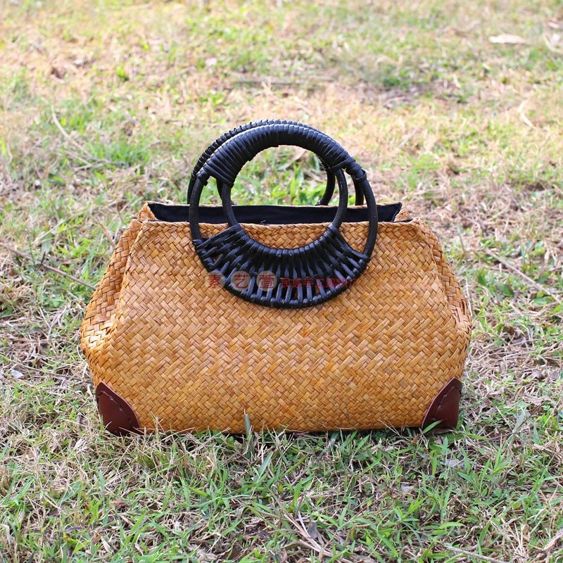 Sac de plage rétro tressé à la main - sac de voyage femme, poignée rigide motif. - IVOIRART.COM