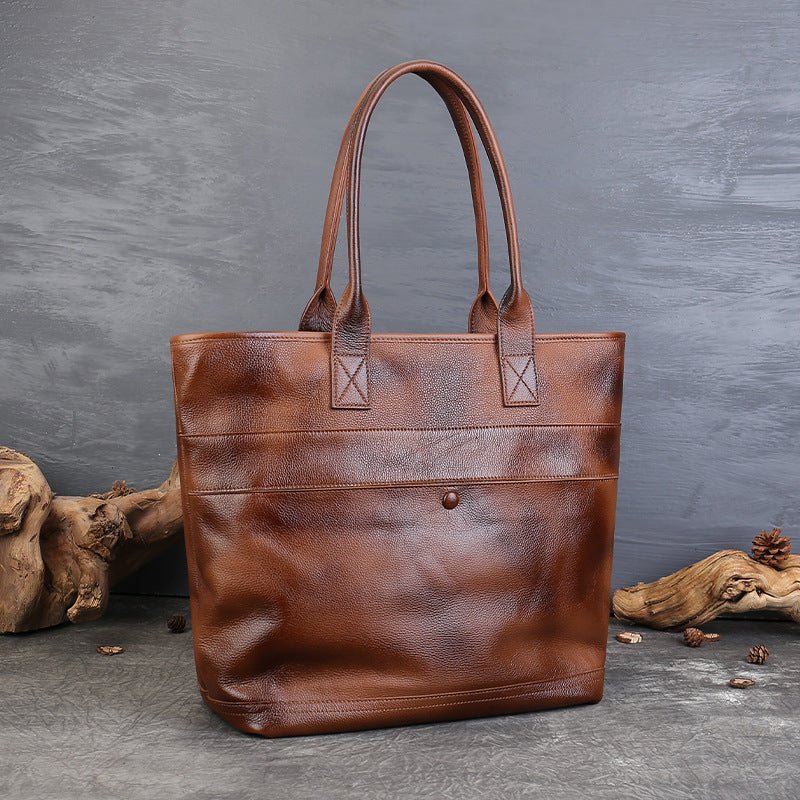 Sac d'épaule femme en cuir vachette première couche vintage, poche extérieure -L - IVOIRART.COM
