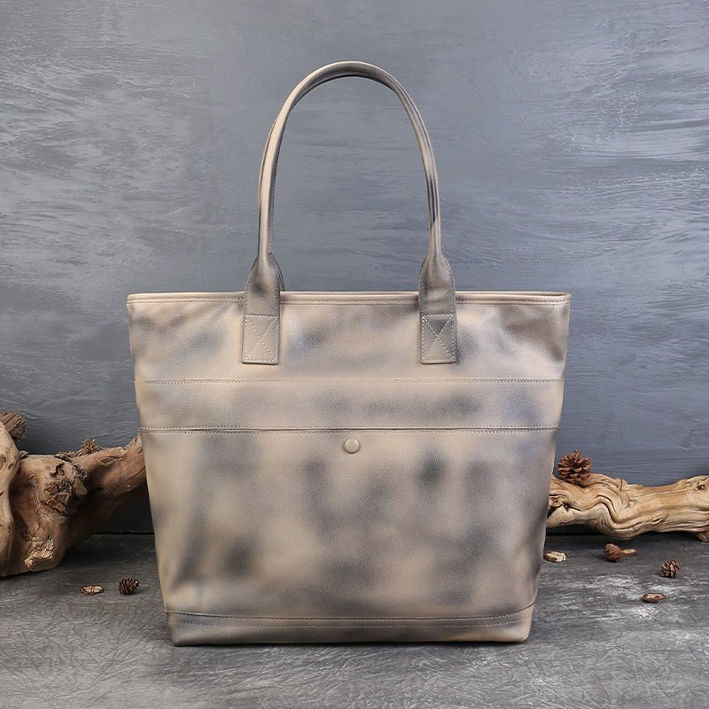 Sac d'épaule femme en cuir vachette première couche vintage, poche extérieure -L - IVOIRART.COM