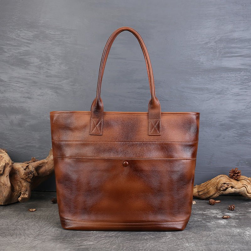 Sac d'épaule femme en cuir vachette première couche vintage, poche extérieure -L - IVOIRART.COM