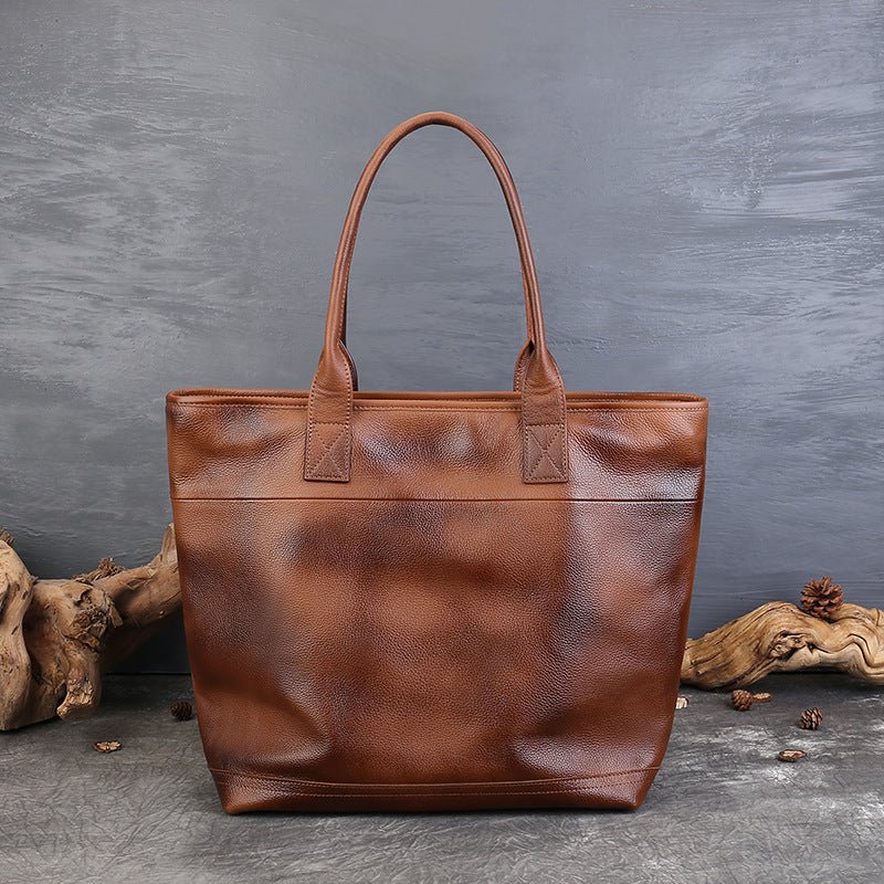 Sac d'épaule femme en cuir vachette première couche vintage, poche extérieure -L - IVOIRART.COM