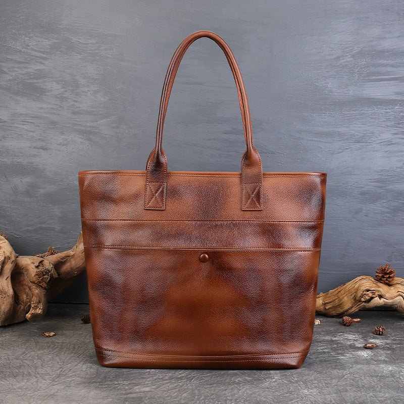 Sac d'épaule femme en cuir vachette première couche vintage, poche extérieure -L - IVOIRART.COM