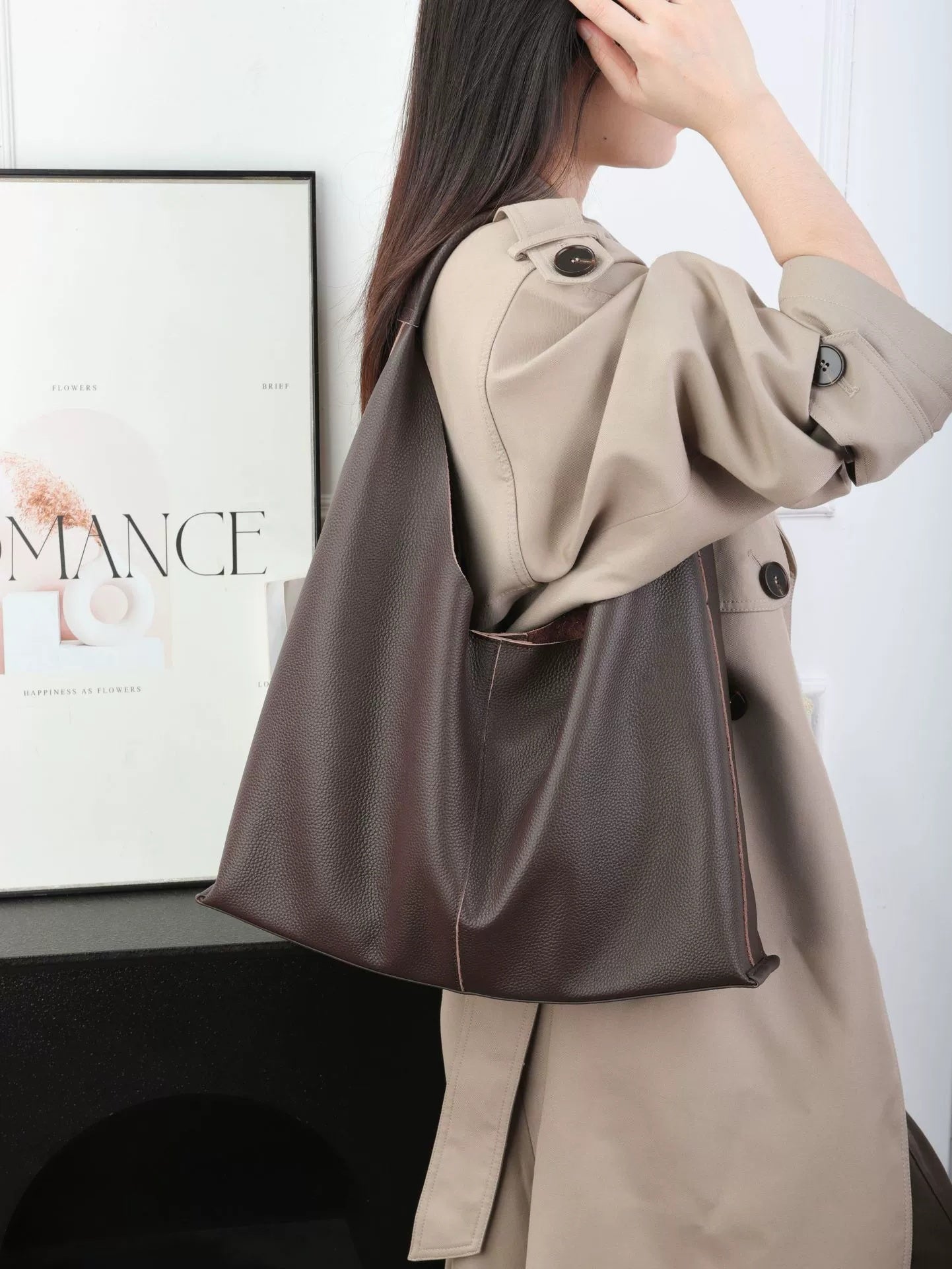 Sac épaule minimaliste en cuir pleine fleur, grande capacité, fourre-tout 2026MD - IVOIRART.COM