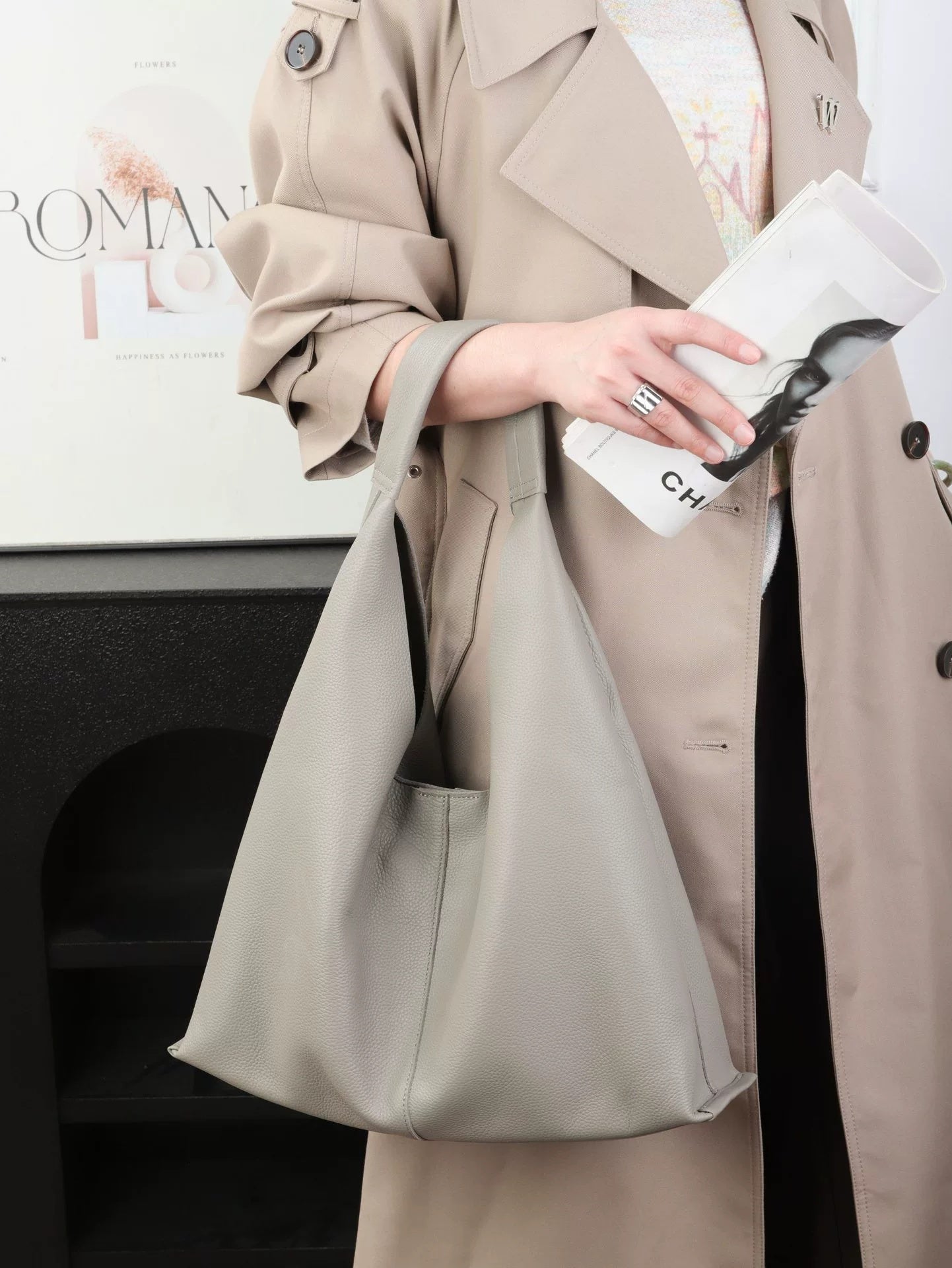 Sac épaule minimaliste en cuir pleine fleur, grande capacité, fourre-tout 2026MD - IVOIRART.COM