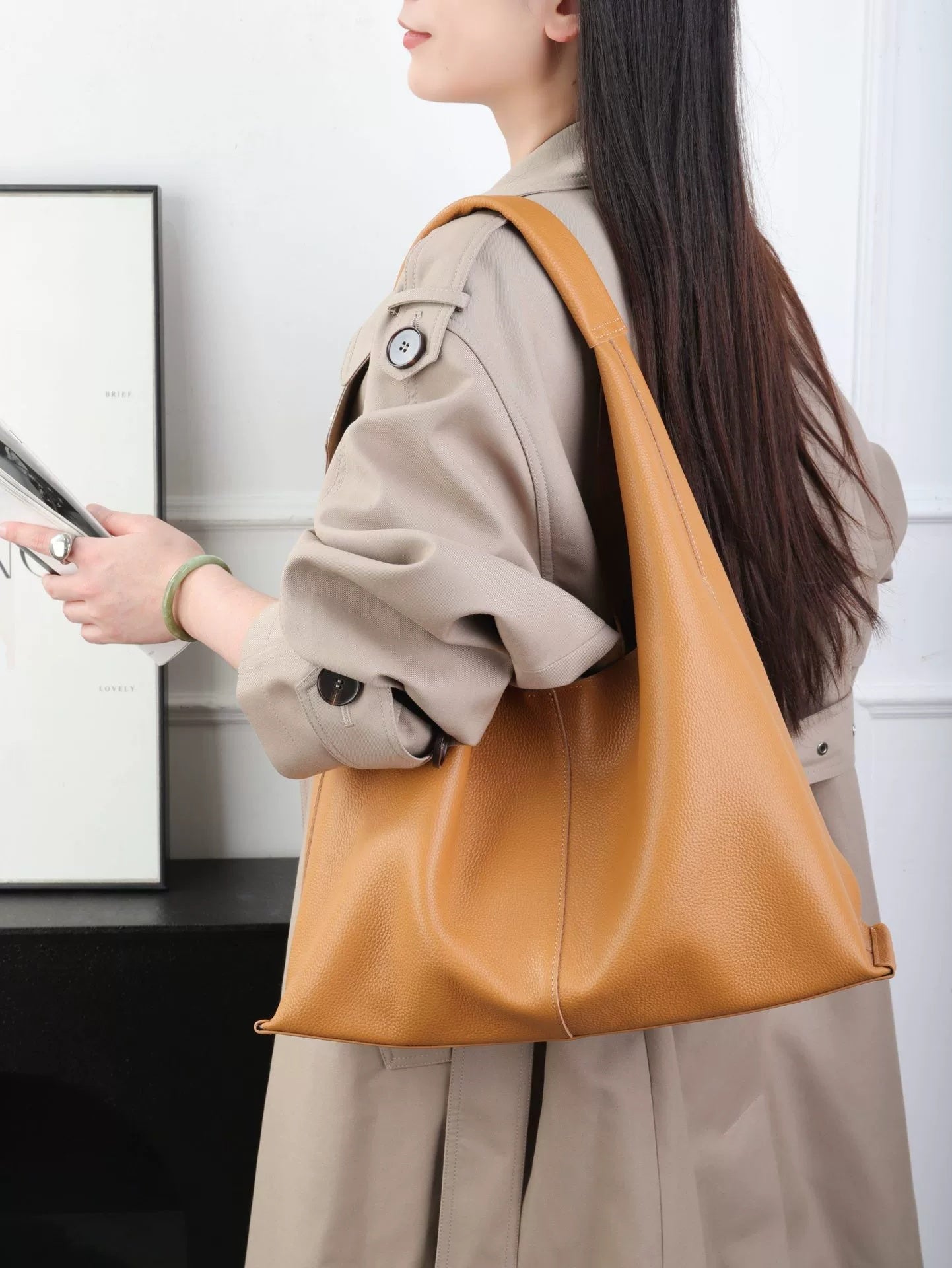 Sac épaule minimaliste en cuir pleine fleur, grande capacité, fourre-tout 2026MD - IVOIRART.COM