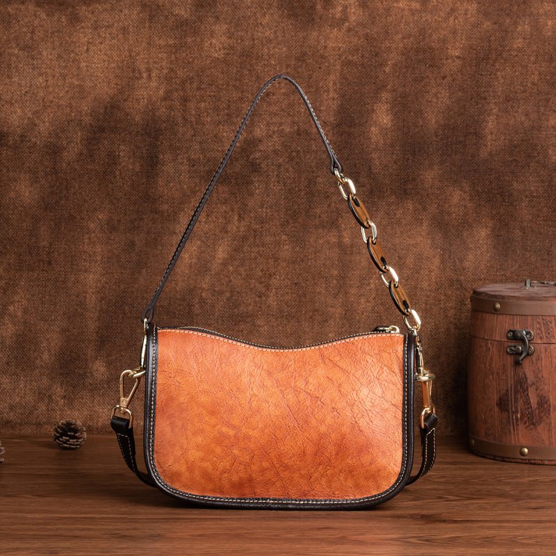 Sac épaule simple et élégant en cuir de vache pleine fleur style rétro - IVOIRART.COM