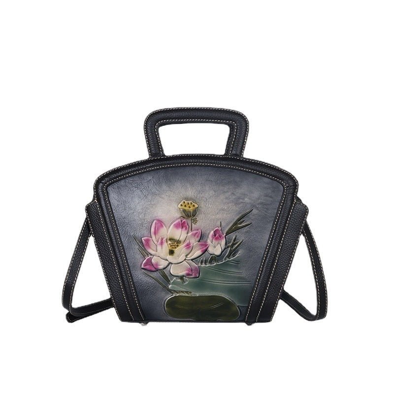 Sac femme en cuir pleine fleur vintage polyvalent à motif embossé élégant - IVOIRART.COM
