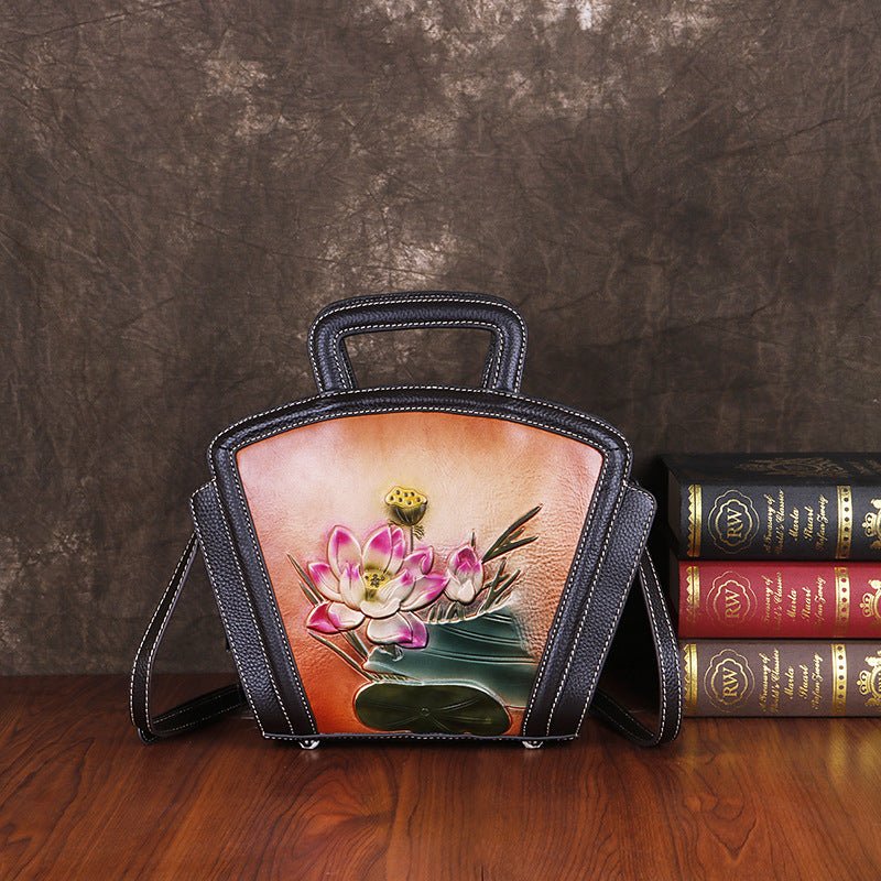 Sac femme en cuir pleine fleur vintage polyvalent à motif embossé élégant - IVOIRART.COM
