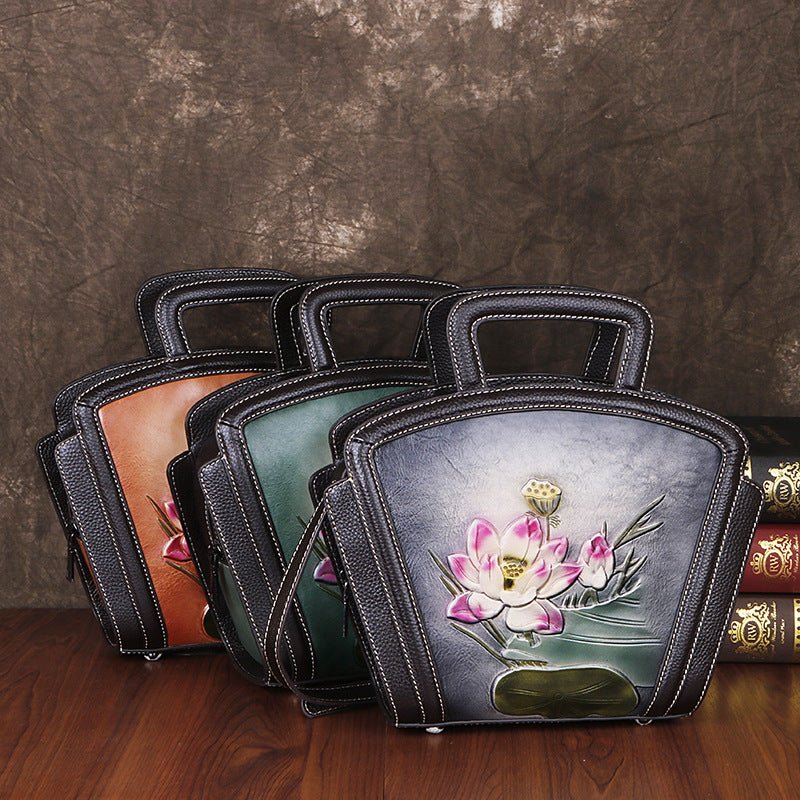 Sac femme en cuir pleine fleur vintage polyvalent à motif embossé élégant - IVOIRART.COM