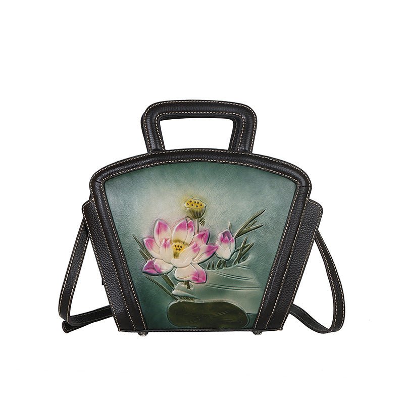 Sac femme en cuir pleine fleur vintage polyvalent à motif embossé élégant - IVOIRART.COM