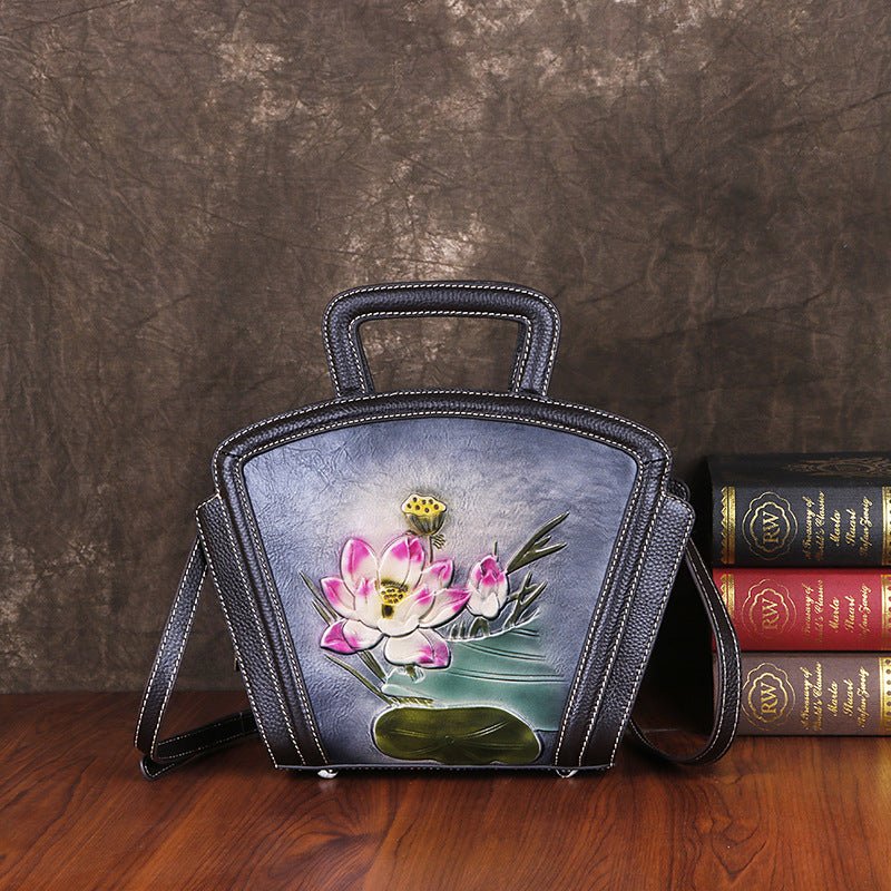 Sac femme en cuir pleine fleur vintage polyvalent à motif embossé élégant - IVOIRART.COM