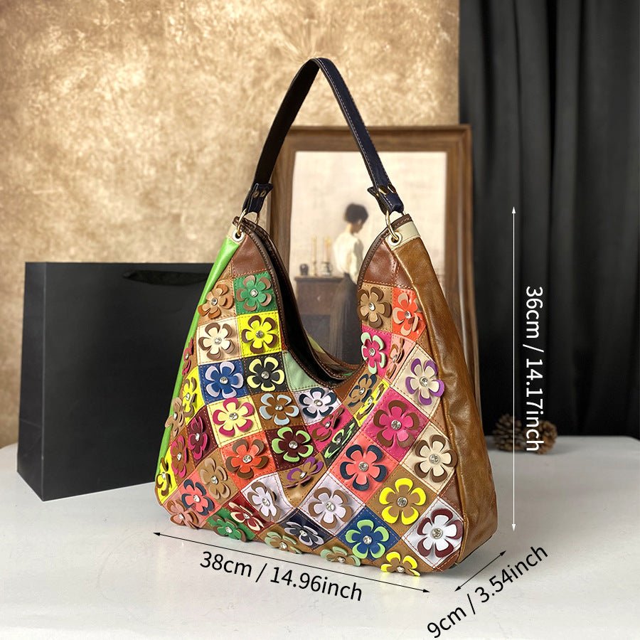 Sac Femme Grande Capacité en Cuir Véritable de Vachette Première Couche Bloc de Couleurs - IVOIRART.COM