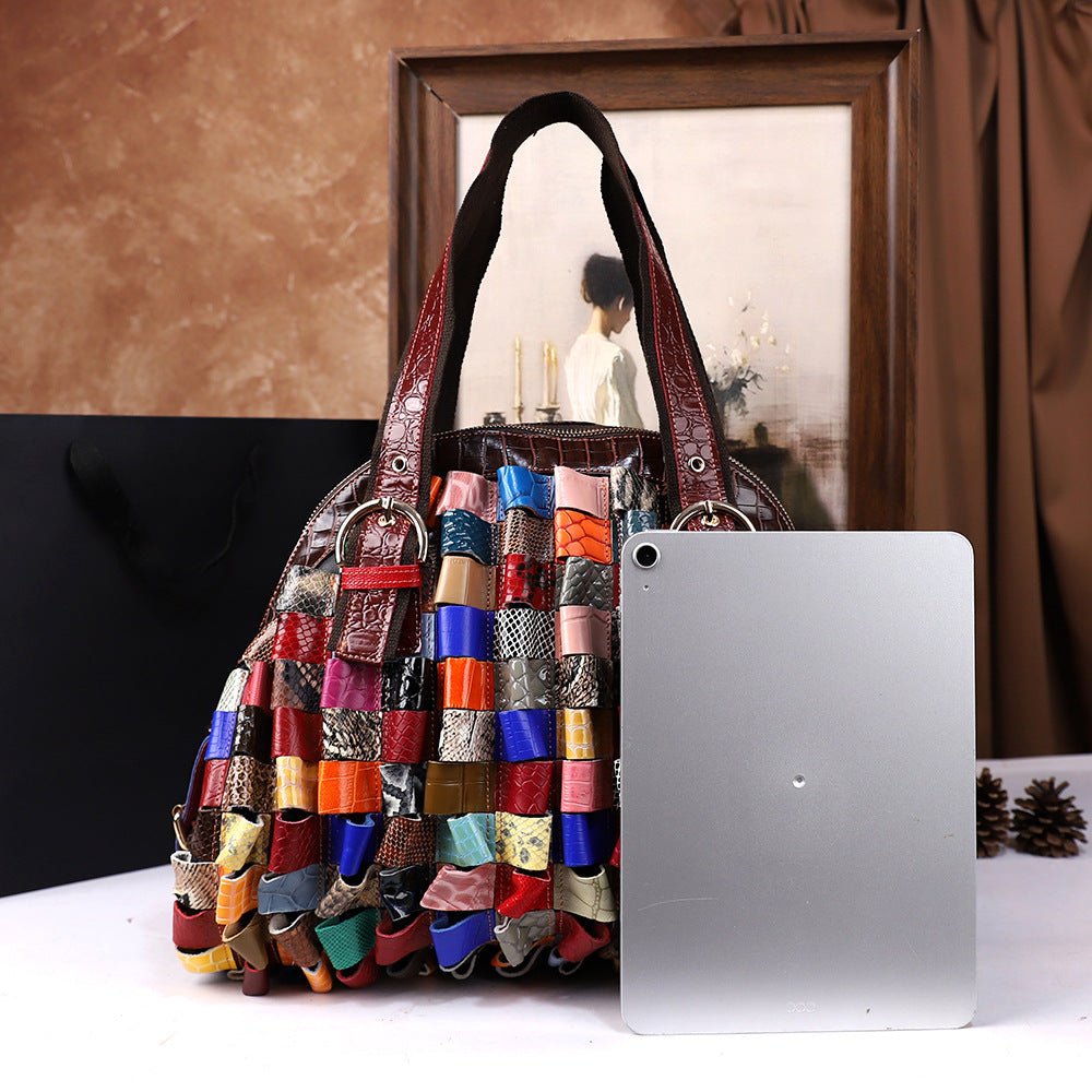 Sac fourre-tout à bandoulière tissé en cuir pleine fleur pour femme, grande capacité - IVOIRART.COM
