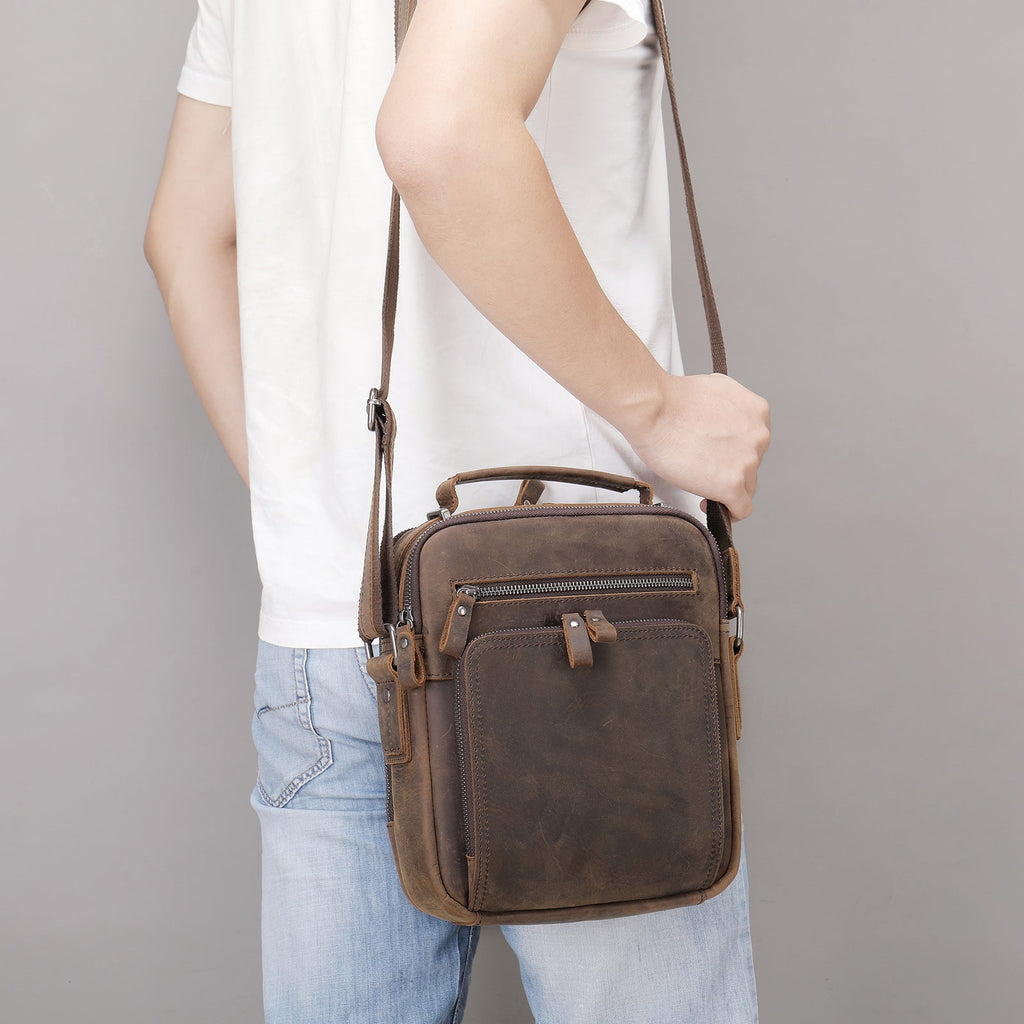 Sac messager à bandoulière en cuir véritable vintage effet cheval fou - IVOIRART.COM
