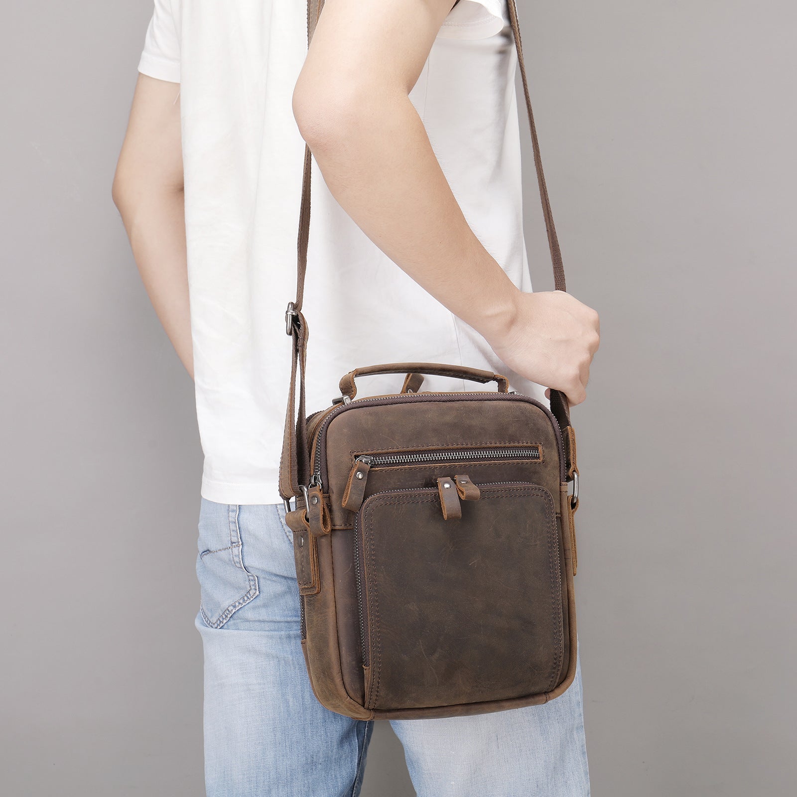 Sac messager à bandoulière en cuir véritable vintage effet cheval fou - IVOIRART.COM