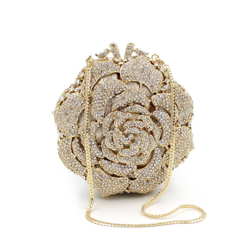 Sac Pochette Creux pour Femme en Métal Doré Orné de Strass Rose Élégant - IVOIRART.COM