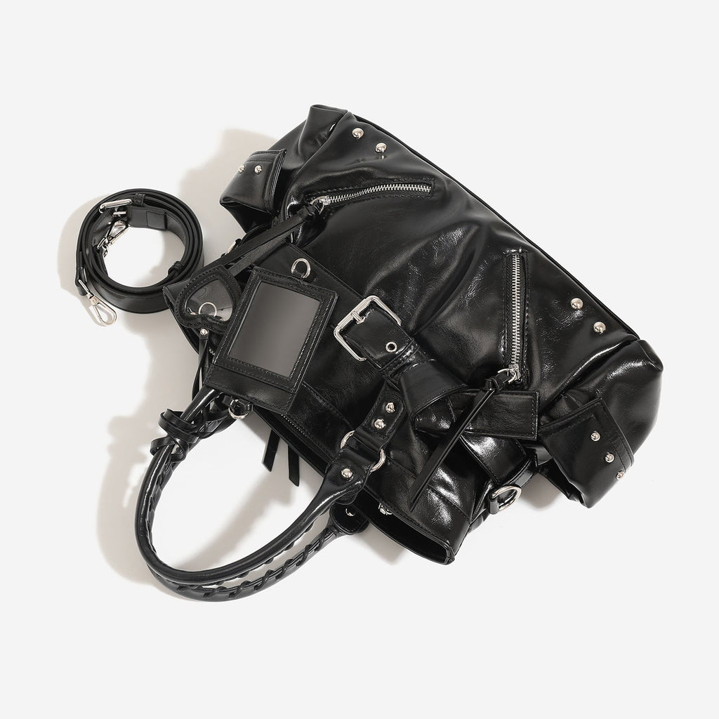 Sac portefeuille porté épaule et bandoulière en PU noir, grand volume, rivets robustes - IVOIRART.COM