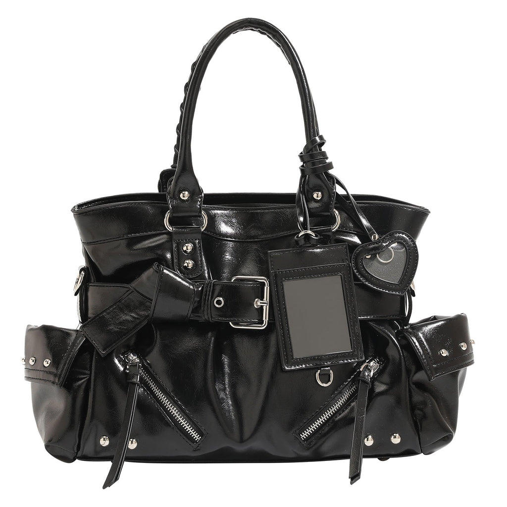 Sac portefeuille porté épaule et bandoulière en PU noir, grand volume, rivets robustes - IVOIRART.COM