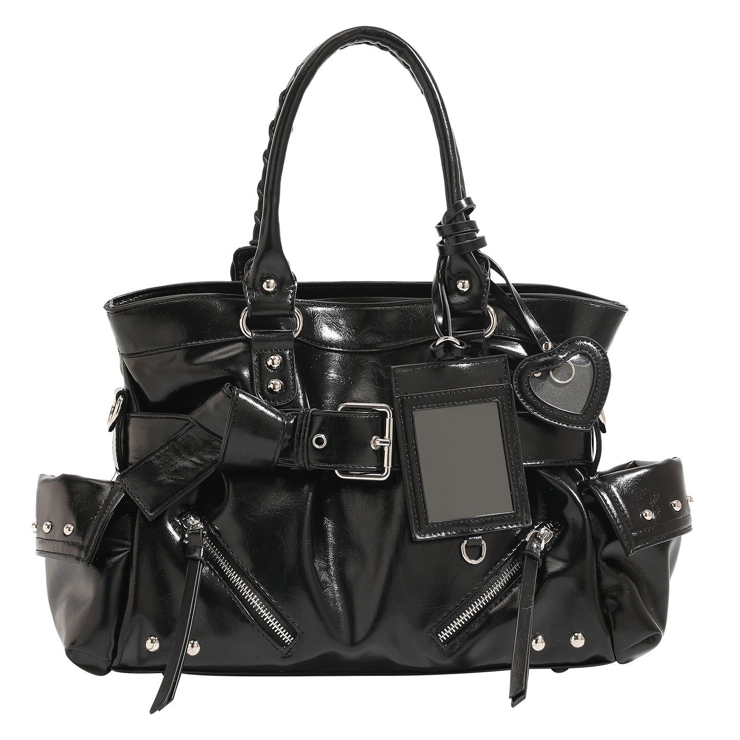 Sac portefeuille porté épaule et bandoulière en PU noir, grand volume, rivets robustes - IVOIRART.COM