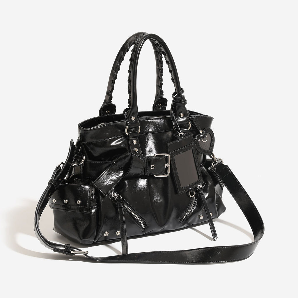 Sac portefeuille porté épaule et bandoulière en PU noir, grand volume, rivets robustes - IVOIRART.COM