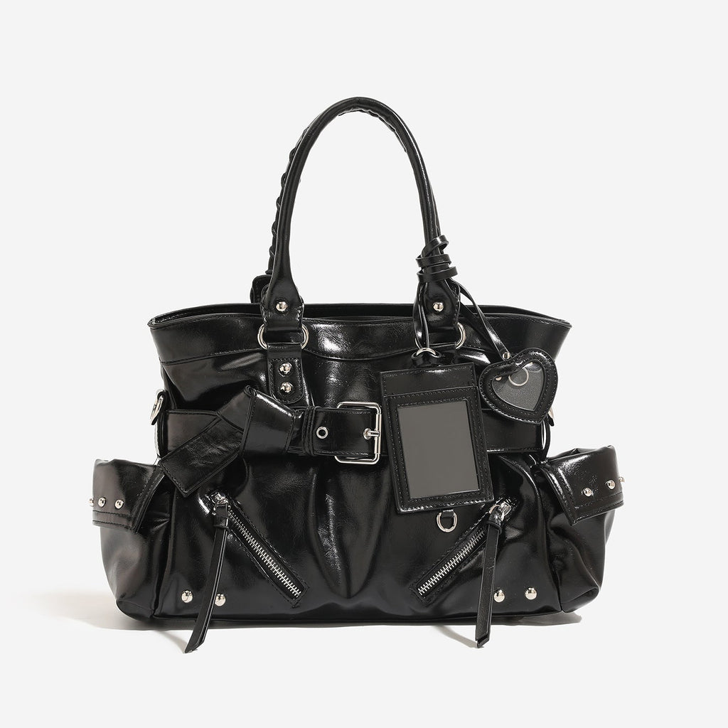 Sac portefeuille porté épaule et bandoulière en PU noir, grand volume, rivets robustes - IVOIRART.COM