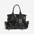 Sac portefeuille porté épaule et bandoulière en PU noir, grand volume, rivets robustes - IVOIRART.COM