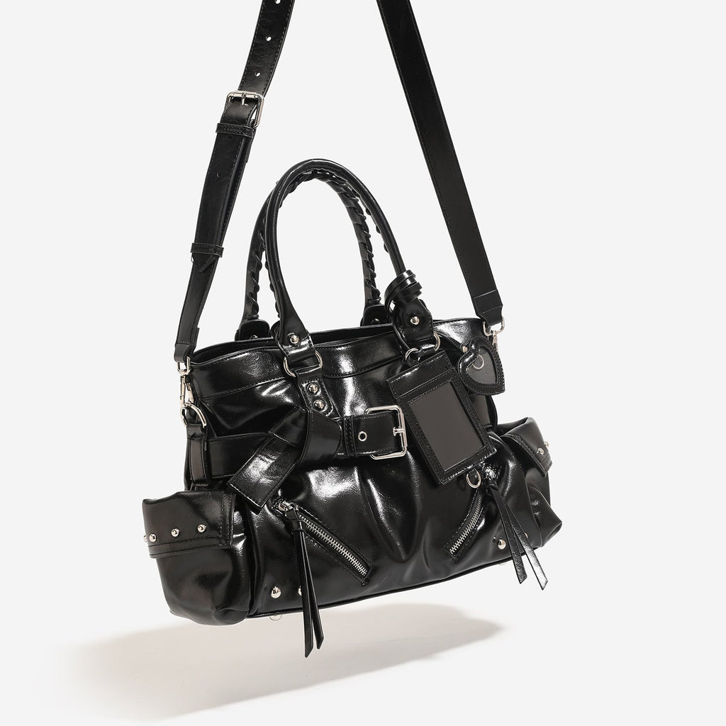 Sac portefeuille porté épaule et bandoulière en PU noir, grand volume, rivets robustes - IVOIRART.COM