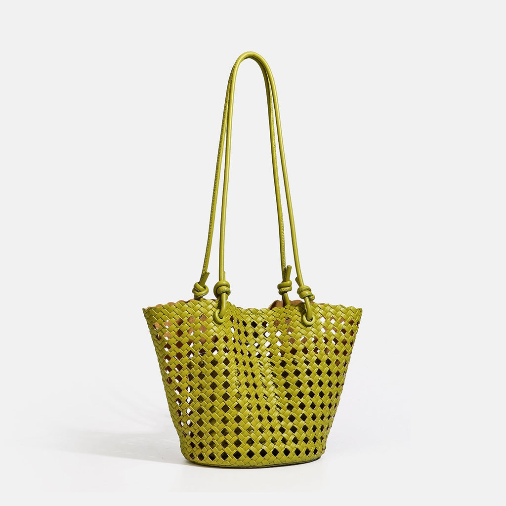 Sac seau féminin en cuir synthétique tressé ajouré — bandoulière double, élégant - IVOIRART.COM