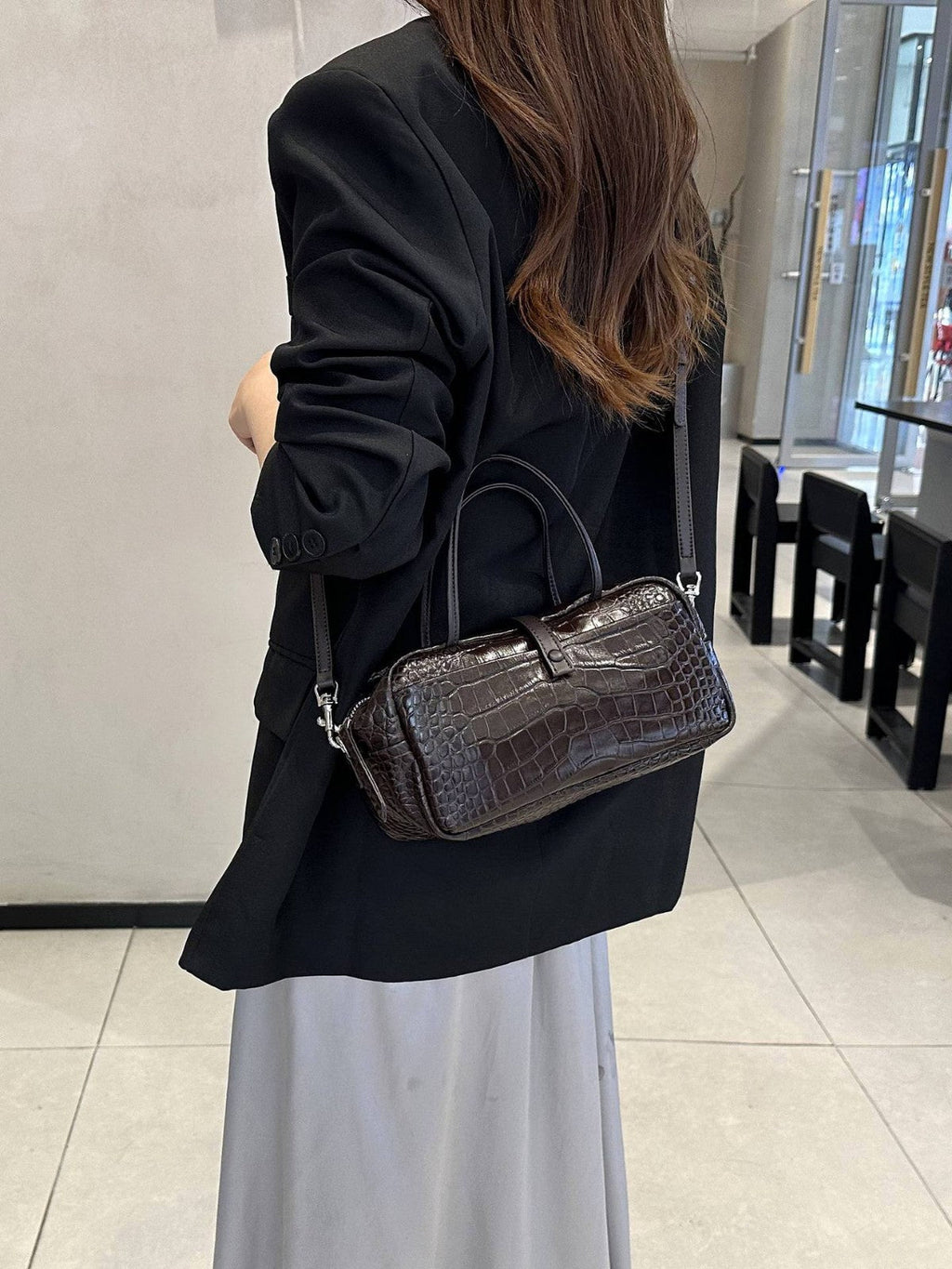 Sac Toast Croco en Cuir Véritable première couche, taille moyenne, style luxe - IVOIRART.COM