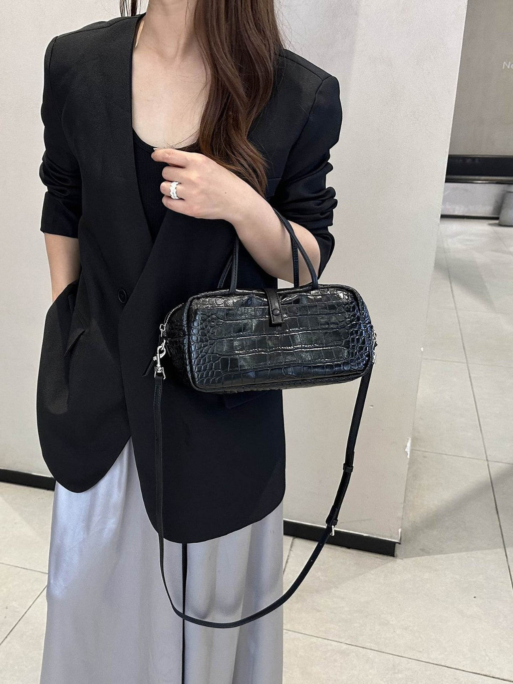 Sac Toast Croco en Cuir Véritable première couche, taille moyenne, style luxe - IVOIRART.COM