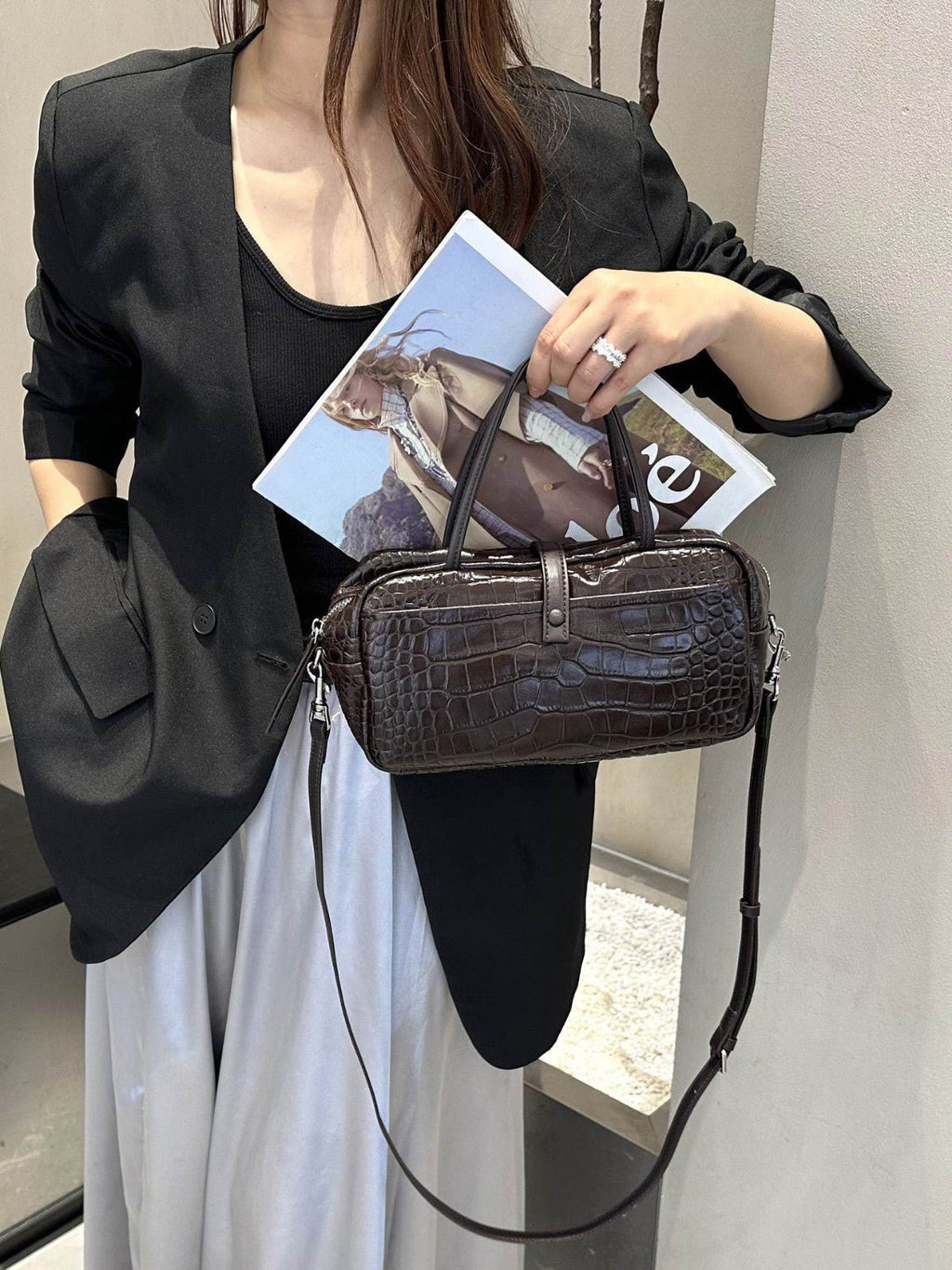 Sac Toast Croco en Cuir Véritable première couche, taille moyenne, style luxe - IVOIRART.COM