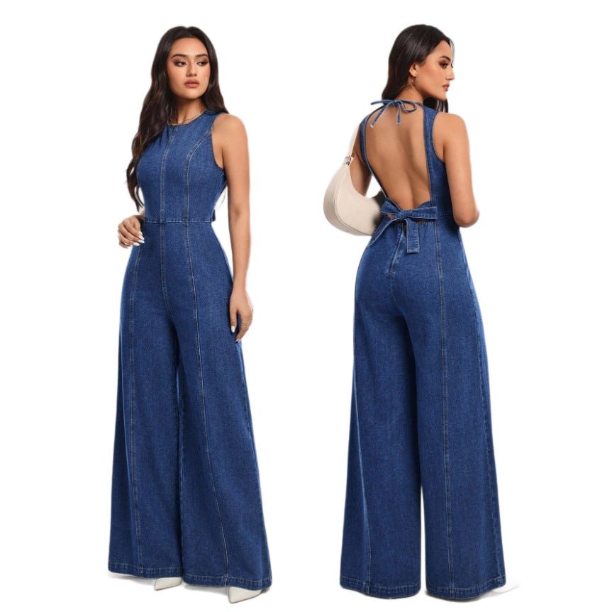 Salopette en jean sans manches à jambes larges, coupe ajustée avec bretelles - IVOIRART.COM