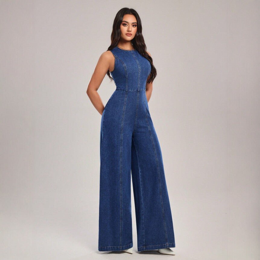 Salopette en jean sans manches à jambes larges, coupe ajustée avec bretelles - IVOIRART.COM