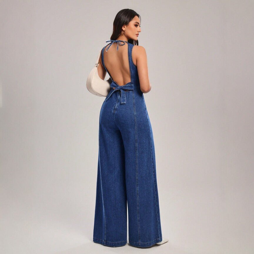 Salopette en jean sans manches à jambes larges, coupe ajustée avec bretelles - IVOIRART.COM