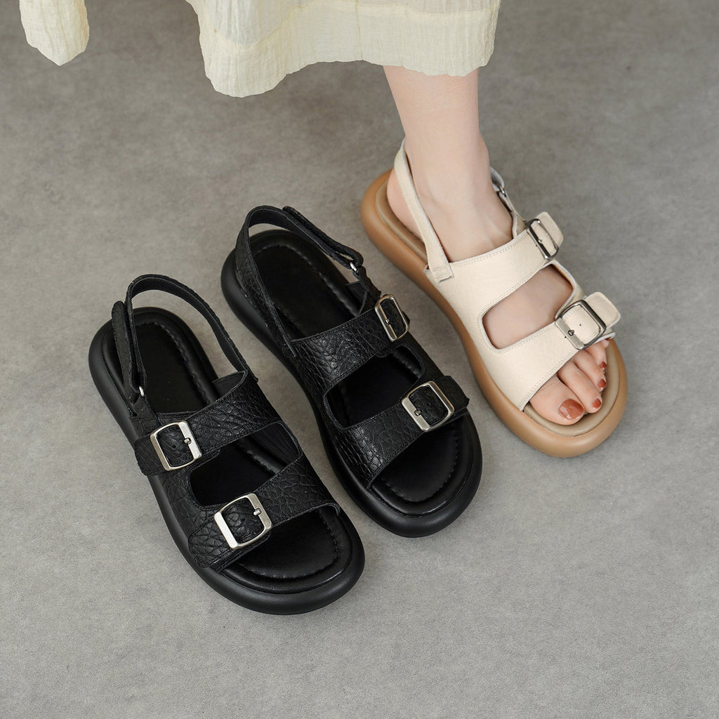 Sandales à plateforme doubles boucles en peau de mouton pleine fleur pour femmes - IVOIRART.COM