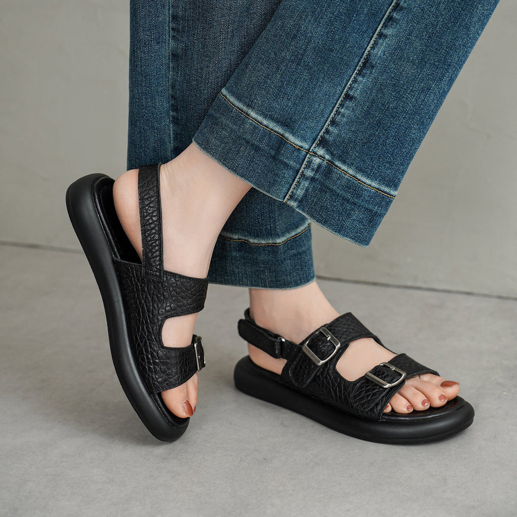Sandales à plateforme doubles boucles en peau de mouton pleine fleur pour femmes - IVOIRART.COM