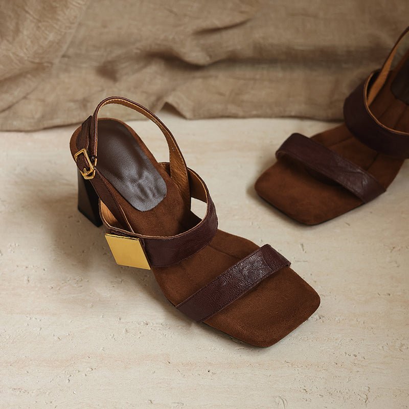 Sandales à talon bloc en peau de mouton pleine fleur faites main pour femmes - IVOIRART.COM