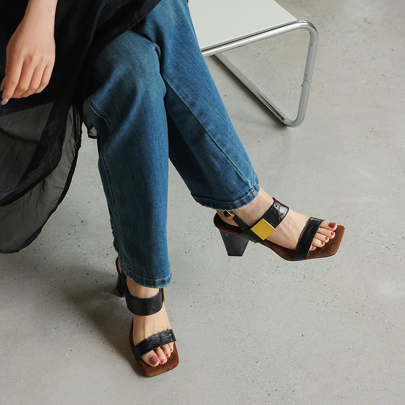 Sandales à talon bloc en peau de mouton pleine fleur faites main pour femmes - IVOIRART.COM