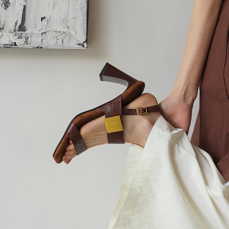 Sandales à talon bloc en peau de mouton pleine fleur faites main pour femmes - IVOIRART.COM