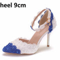 Sandales à talons aiguilles avec dentelle fleuries bleu et blanc pour banquet - IVOIRART.COM