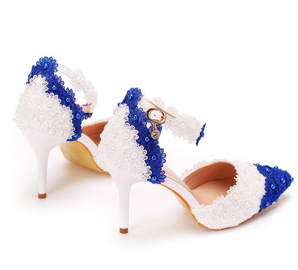 Sandales à talons aiguilles avec dentelle fleuries bleu et blanc pour banquet - IVOIRART.COM