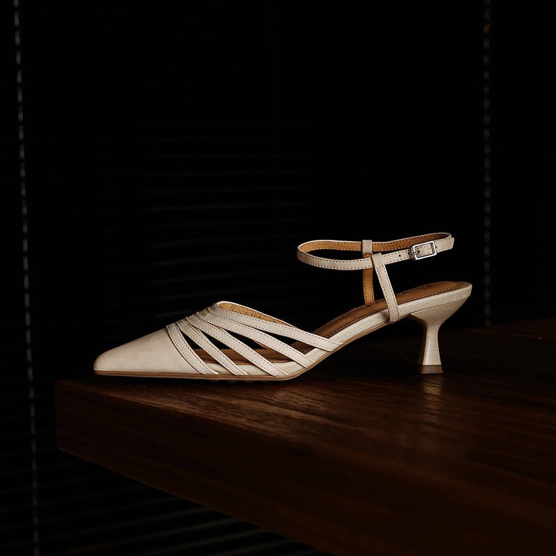 Sandales à talons bijoux pour femmes en cuir pleine fleur lavé, brides fines, bout pointu - IVOIRART.COM
