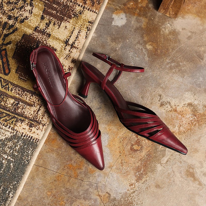Sandales à talons bijoux pour femmes en cuir pleine fleur lavé, brides fines, bout pointu - IVOIRART.COM