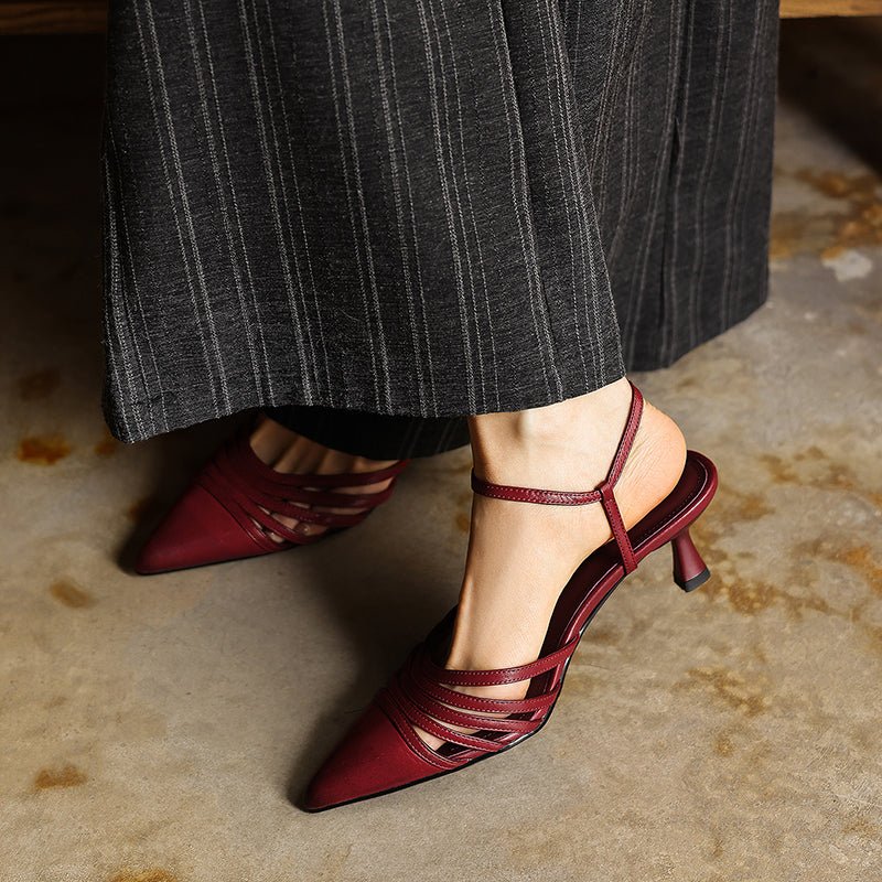 Sandales à talons bijoux pour femmes en cuir pleine fleur lavé, brides fines, bout pointu - IVOIRART.COM