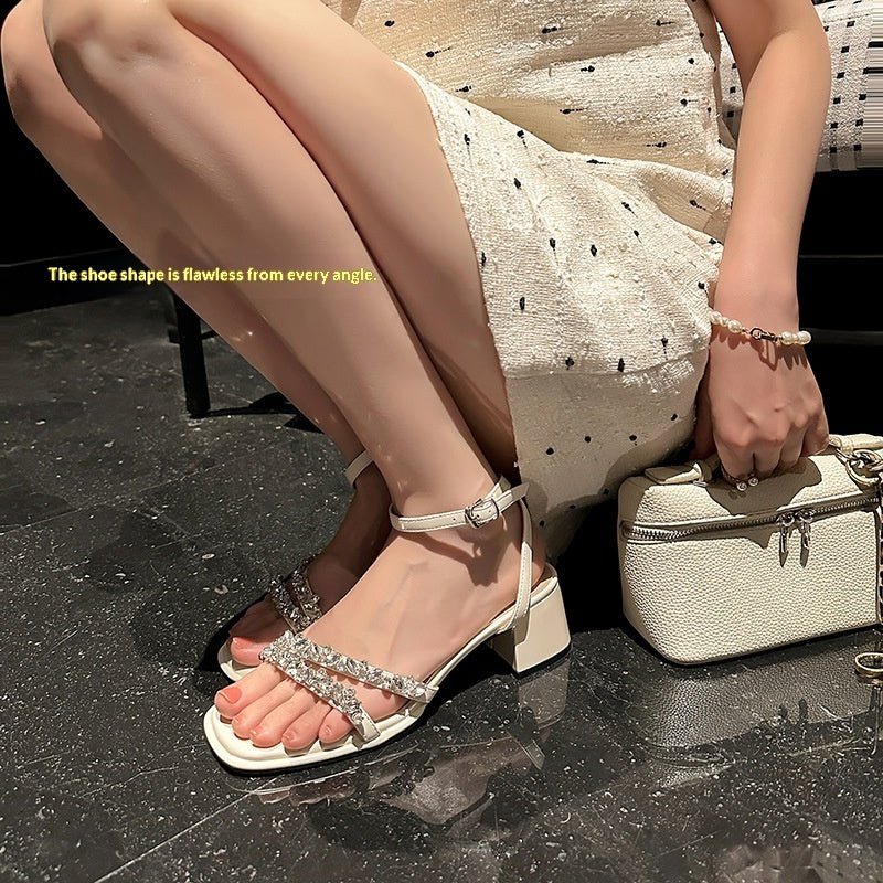 Sandales à talons moyens pour femmes, élégantes, ouvertes, ornées de strass - IVOIRART.COM