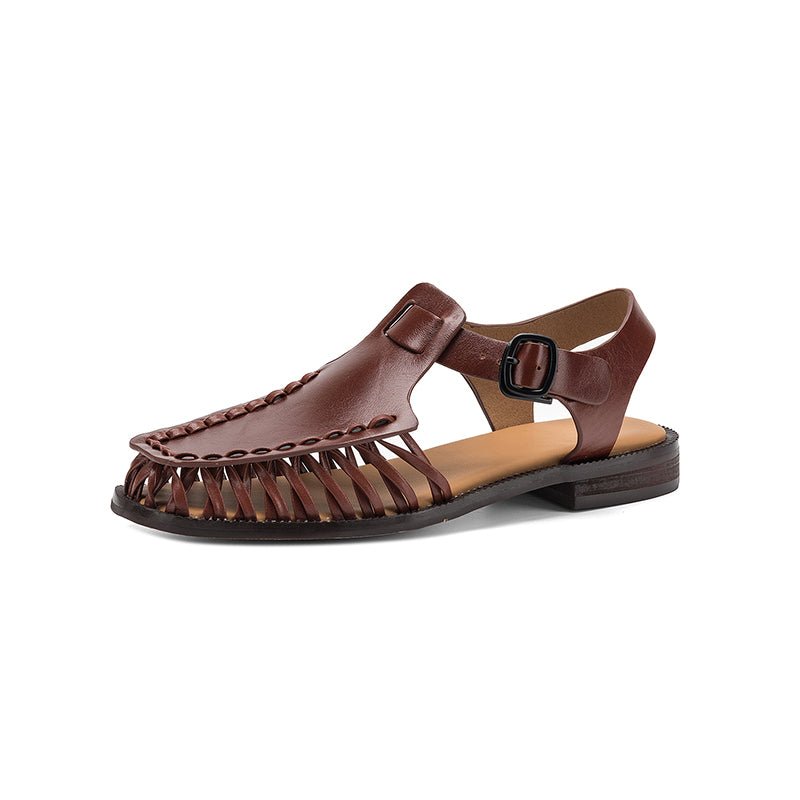 Sandales artisanales en cuir pleine fleur tanné à l'huile pour femmes, brides croisées, bout carré, boucle ajustable, chaussures plates - IVOIRART.COM