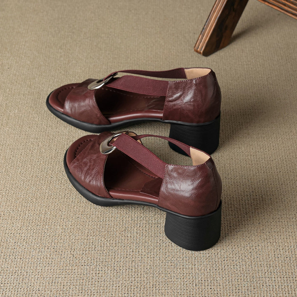 Sandales artisanales femme en cuir de mouton pleine fleur à talon bloc, bride élastique et bout ouvert - IVOIRART.COM