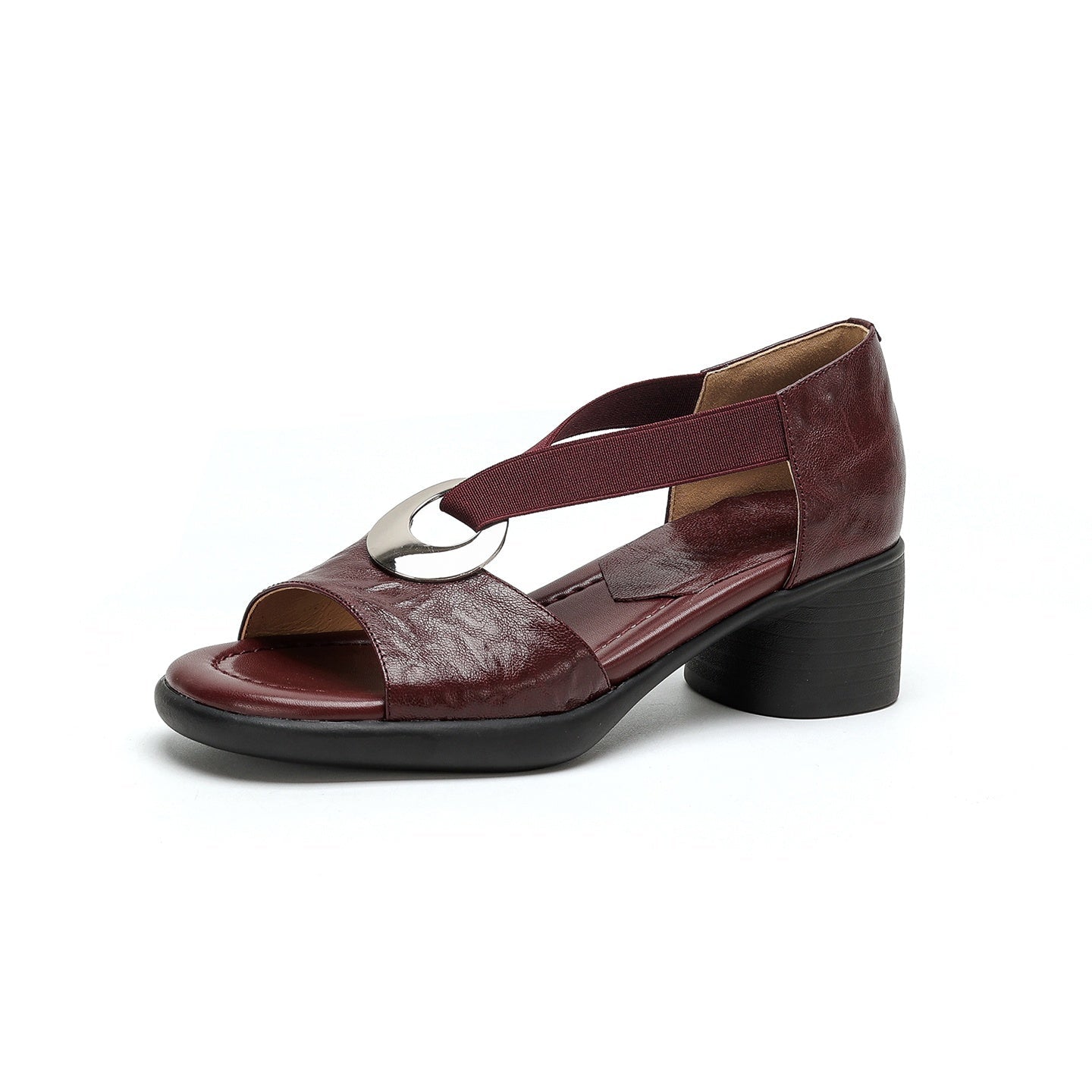 Sandales artisanales femme en cuir de mouton pleine fleur à talon bloc, bride élastique et bout ouvert - IVOIRART.COM